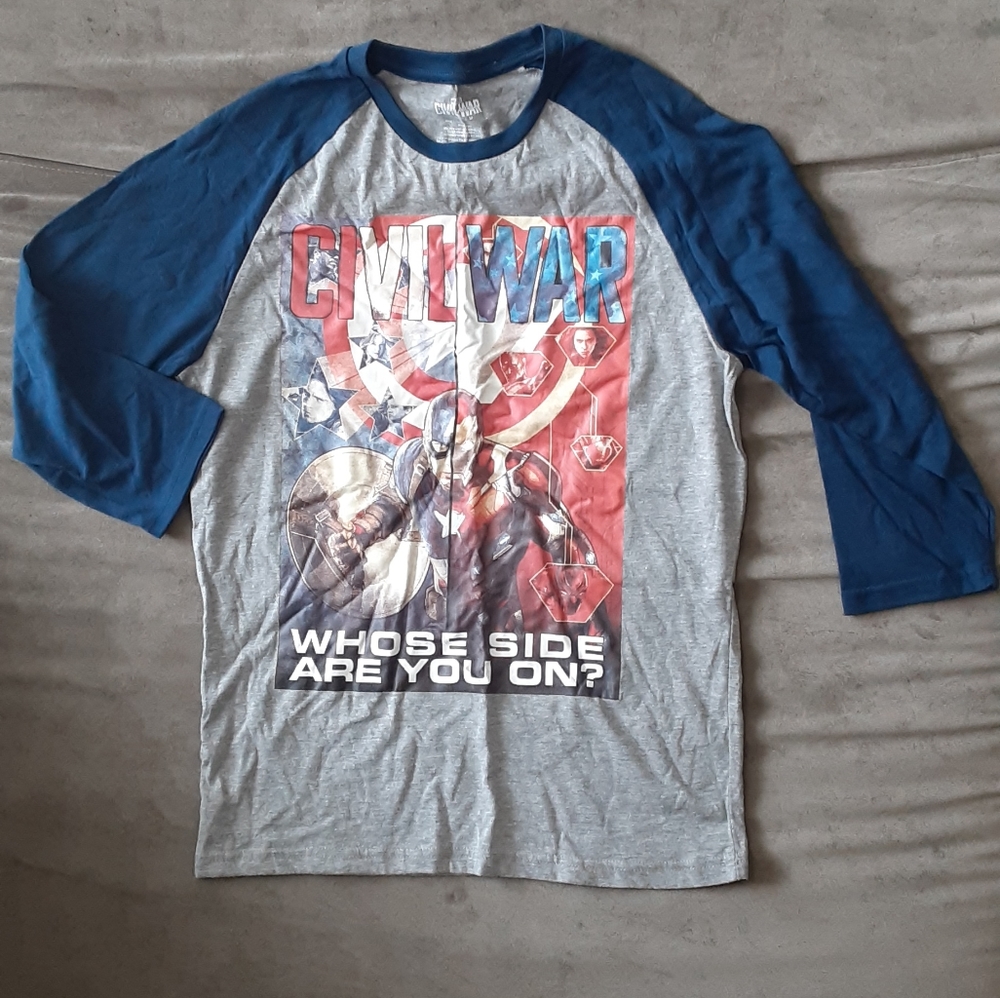 Captain America Civil War T Shirt Mens Size Medium Grey Navy Blue 3/4 Sleeve New